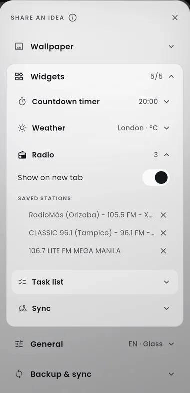 Rocket Tab settings panel with the radio widget expanded and three saved stations listed: RadioMás Orizaba, CLASSIC 96.1 Tampico and 106.7 LITE FM Mega Manila.