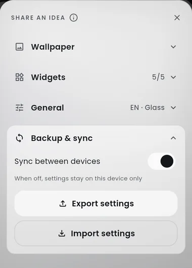 The Backup and sync section of Rocket Tab settings: a sync between devices switch with the note that settings stay on this device when it is off, plus export settings and import settings buttons.