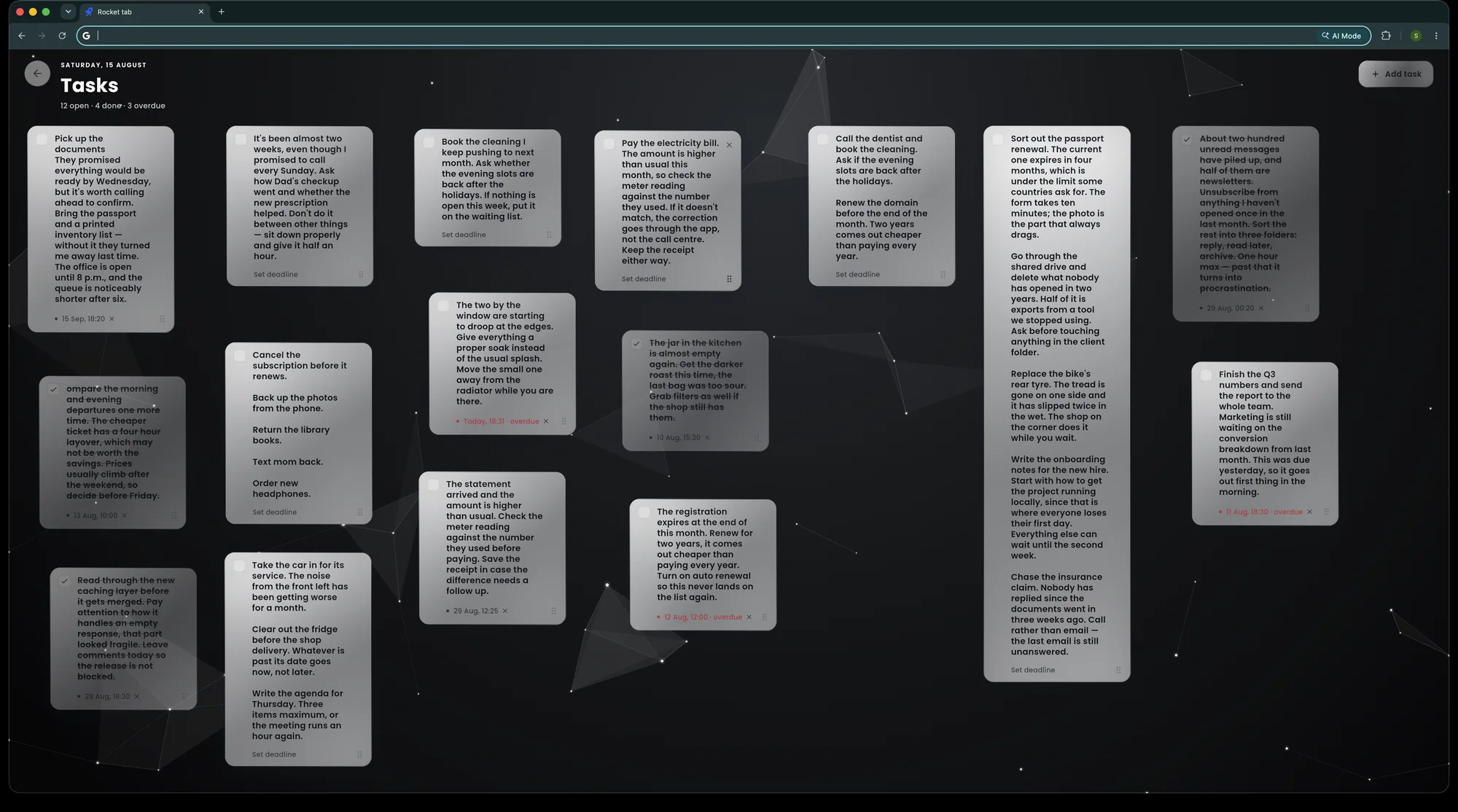 The Rocket Tab to-do board on a dark new tab page: task cards of different heights scattered across the screen, three deadlines marked overdue in red, finished cards struck through, and a counter reading twelve open, four done, three overdue.
