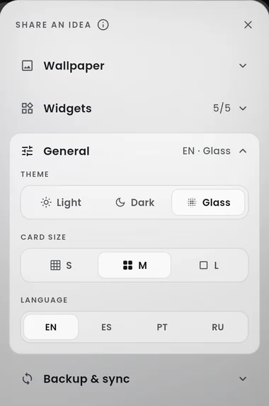 The General section of Rocket Tab settings: light, dark and glass themes, small, medium and large card sizes, and English, Spanish, Portuguese and Russian interface languages.