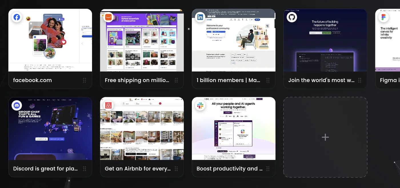 Close-up of the Rocket Tab visual bookmarks grid: tiles for Facebook, LinkedIn, GitHub, Figma, Discord, Airbnb and Slack, each showing a real screenshot of the page with the site's own icon in the corner, next to a dashed card for adding the next link.