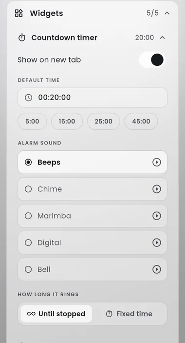 Rocket Tab settings panel with the countdown timer expanded: a show on new tab switch, a default time of 00:20:00 with 5, 15, 25 and 45 minute presets, five alarm sounds and a choice between ringing until stopped or for a fixed time.