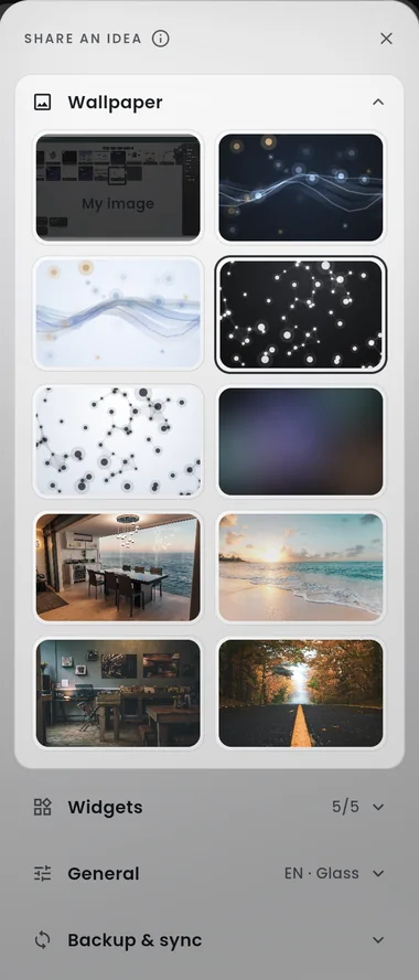 The Rocket Tab wallpaper picker: a grid of nine background thumbnails including a dark constellation, a beach and an autumn road, with the My image slot for your own picture.