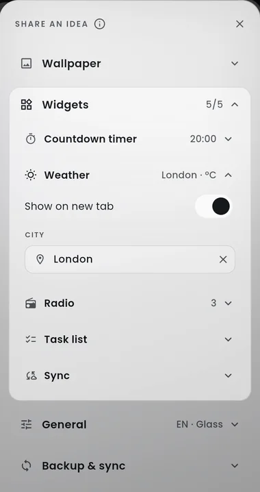 Rocket Tab settings panel with the weather widget expanded, showing the show on new tab switch and a city field set to London.