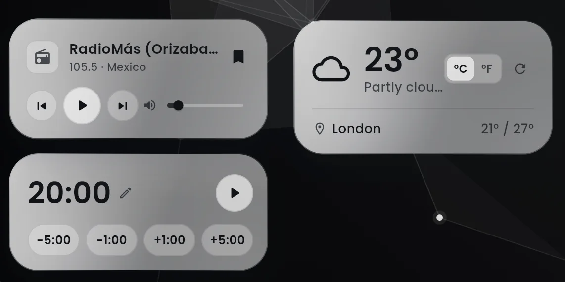 The three Rocket Tab widgets close up: a radio player tuned to RadioMás on 105.5 from Mexico, a weather card reading 23 degrees and partly cloudy in London with a high of 27 and a low of 21, and a countdown timer at 20:00 with buttons to shift it by one or five minutes.